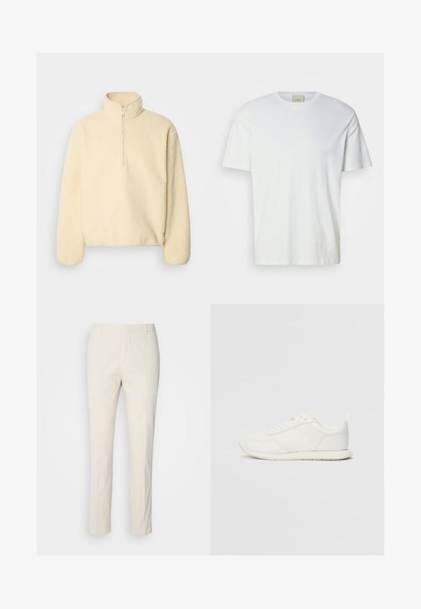 Beige bolyhos pulóver magas gallérral és félig zippes záródással. Puha tapintással és laza szabással rendelkezik.; Sima fehér, rövid ujjú, kerek nyakú póló, az élénk Calvin Klein címkével a gallér belső részén, semleges háttéren kiemelve.; Krém színű, testhezálló nadrág, texturált anyagból. Egyenes szárú kialakítással, övhurkokkal és két elülső zsebből áll. Mintázat nélküli.; Fehér sneaker hálós és szintetikus felsőrésszel, kerek orral, lapos fűzőkkel és textúrázott oldalsávval. Gumi talp hátul húzófüllel.
