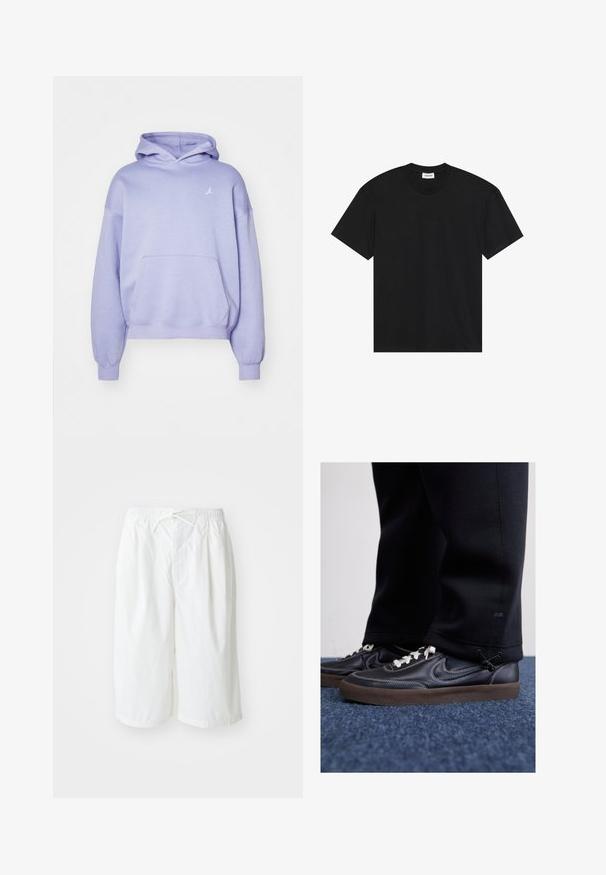 Moletom lilás claro feito de um tecido macio, com um bolso frontal e um pequeno logotipo branco no peito. O capuz tem um design de dupla camada.; T-shirt preta de manga curta feita de algodão. Apresenta um corte clássico de pescoço redondo e um ajuste descontraído, sem padrões ou detalhes visíveis.; Calções brancos com cintura elástica e cordão, apresentados sobre um fundo claro e liso. Adequados para usar de forma casual ou em climas quentes.; Nike Sportswear KILLSHOT 2 LTR PRM OPP2 - Sapatilhas - black sail baroque brown mtlc dk grey