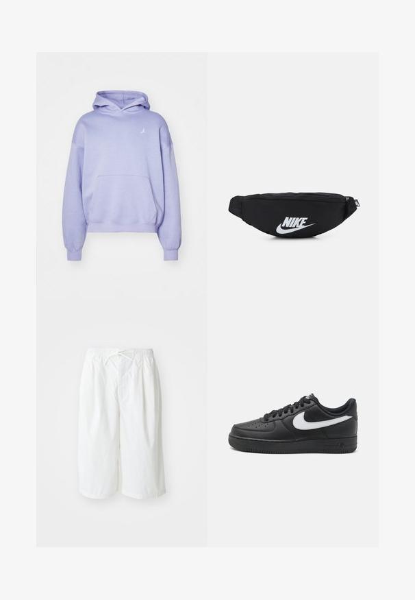 Απαλή μωβ ζακέτα με κουκούλα, φτιαγμένη από μαλακό ύφασμα, διαθέτει μπροστινή τσέπη και ένα μικρό λευκό λογότυπο στο στήθος. Η κουκούλα έχει σχεδίαση διπλού στρώματος.; Λευκές σορτς με ελαστική μέση και κορδόνι, παρουσιασμένες σε απλό φωτεινό φόντο. Κατάλληλες για casual ή ζεστό καιρό.; Μαύρα παπούτσια Nike Air Force 1 με λείο δέρμα στο επάνω μέρος, λευκή λεπτομέρεια λογότυπου, τρυπητή μύτη και υφασμάτινη σόλα από καουτσούκ.; Μαύρη νάιλον τσάντα μέσης με κλείσιμο φερμουάρ, διαθέτει μεγάλο λευκό λογότυπο Nike. Λείος υφή και εργονομικός σχεδιασμός για άνετη χρήση.