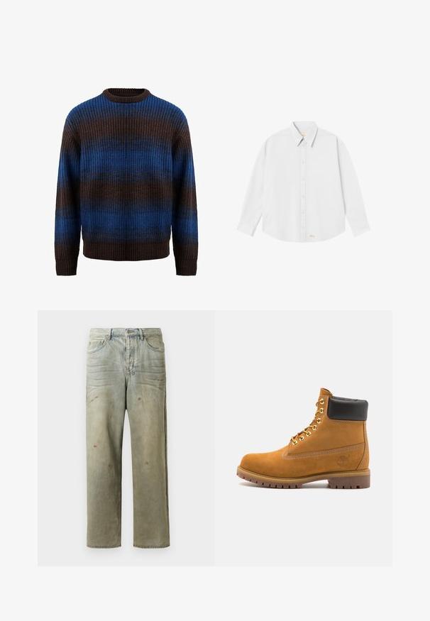 Pletený svetr v hnědé a modré barvě s ribovanou texturou, s vodorovnými pruhy a kulatým výstřihem. Dlouhé rukávy s ribovanými manžetami.; Bílá košile na knoflíky s klasickým límcem, dlouhými rukávy a zaobleným lemem; na dolní levé straně je malá oranžová značka.; Odstřižené džíny v světle zelené barvě, se rovnými nohavicemi, pěti kapsami a nerovnoměrným vyblednutím s barevnými skvrnami.; Hnědé semišové kotníkové boty s černým polstrovaným límcem, zlatými kovovými očky, bílým prošíváním a odolnou gumovou podrážkou s výraznými drážkami.