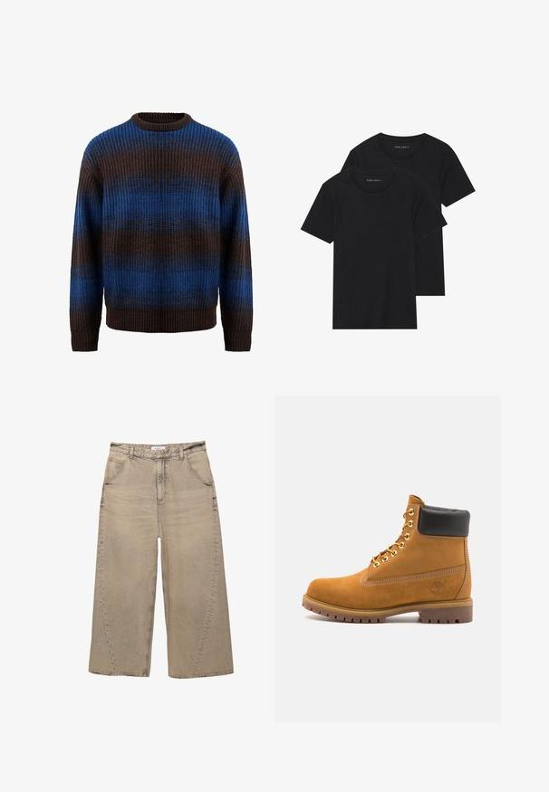 Knitted sweater in brown and blue with a ribbed texture, featuring horizontal stripes and a crew neckline. Long sleeves with ribbed cuffs.; Two black cotton t-shirts with short sleeves, round necklines, and a smooth texture, displayed stacked together.; PULL&BEAR MEGA BAGGY - Baggy Jeans - light grey; Tan suede ankle boot with black padded collar, gold metal eyelets, white stitching detailing, and rugged rubber sole with pronounced treads.