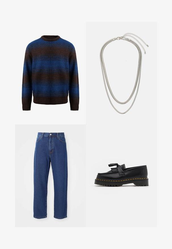 Strikkegenser i brun og blå med ribbet tekstur, med horisontale striper og rund hals. Lange ermer med ribbede mansjetter.; Høyt midjet blå jeans laget av denim, med rett ben silhuett, synlig søm og front knappelukking.; Svart skinn loafers med en kvastdetalj, med en tjock svart sula och gul sömnad längs kanten. Texturerad yta.; Tre-lags sølvmetallkjede med elegante, fleksible kjeder med en svak glans, sikret med en krabbe-lås og justerbar kjede.