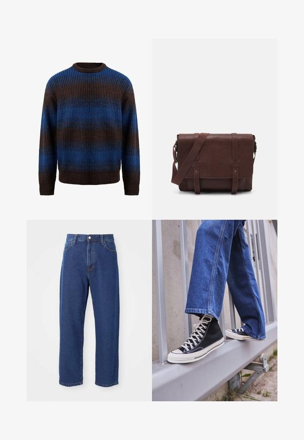 Barna és kék kötött pulóver bordázott textúrával, vízszintes csíkokkal és kerek nyakkivágással. Hosszú ujjú, bordázott mandzsettákkal.; Magasan szabott kék farmernadrág, egyenes lábbal, látható varrásokkal és elöl gombos záródással.; Fekete magasszárú sportcipők fehér talppal és fűzővel, laza kék farmernadrággal párosítva, egy szürke korlát tetején pihenve.; Barna bőr válltáska, lapos elülső fedéllel, két pánttal, arany színű fém kiegészítőkkel és állítható vállpánttal.