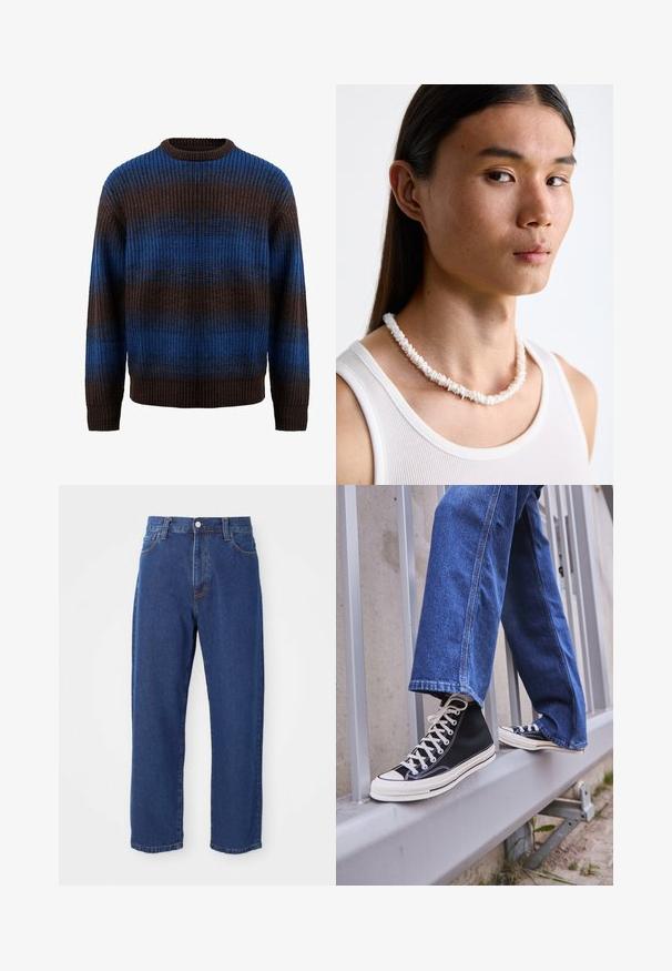 Strikket sweater i brun og blå med en ribbet tekstur, der har vandrette striber og en rund halsudskæring. Lange ærmer med ribbede manchetter.; Høj taljede blå jeans i denim, med lige ben silhuet, synlige stikninger og en frontknaplukning.; Sorte høj-top sneakers med hvid sål og snørebånd, parret med løse blå denimjeans, hvilende på et gråt gelænder.; Hvid skal halskæde bestående af uregelmæssige former, båret over en tætsiddende hvid tanktop. Glat tekstur med subtil glans, tætsiddende design.