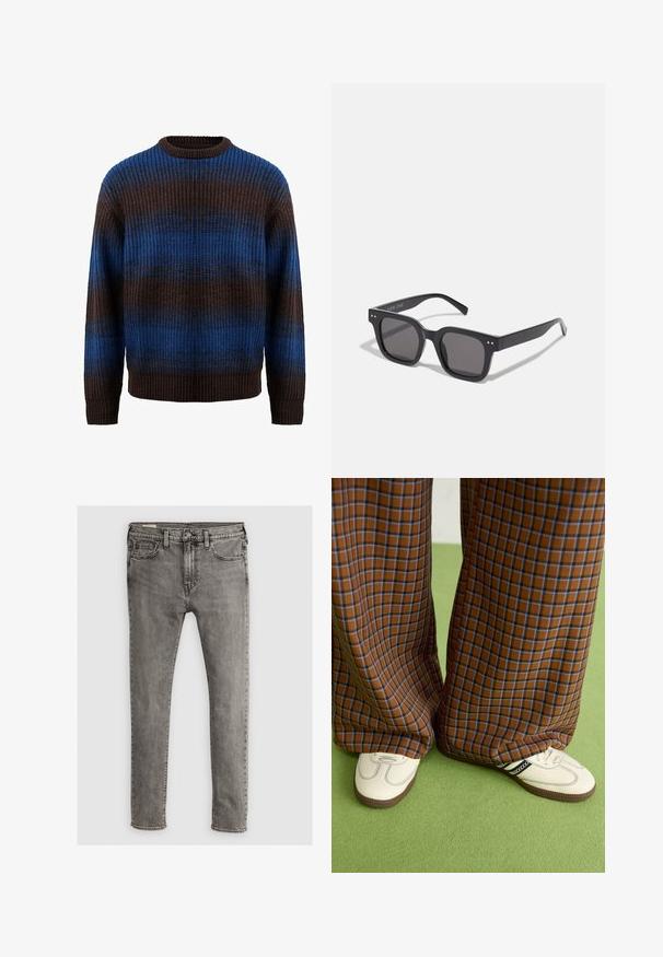 Pletený sveter v hnedej a modrej farbe s rebrovanou textúrou, ktorý má horizontálne pruhy a okrúhly výstrih. Dlhé rukávy s rebrovanými manžetami.; Sivé denimové džínsy s priliehavým strihom, piatimi vreckami a prešitými detailami pozdĺž švov. Hladká textúra, štandardný pás.; Hnedé a modré kárované nohavice s širokými nohavicami skombinované s bielymi topánkami s čiernymi akcentmi a textúrovanými podrážkami, umiestnené na zelenom pozadí.; Čierne obdĺžnikové slnečné okuliare s tmavými sklami, s hrubým rámom, jemnými akcentmi na stranách a bez viditeľných log, okrem názvu značky.