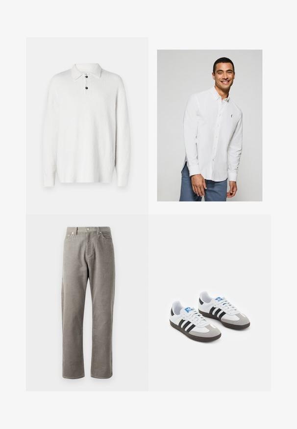 Weißer Pullover aus einem strukturierten, weichen Stoff. Mit klassischem Kragen, dreiknopfiger Leiste und langen Ärmeln. Einfaches Design, ohne Muster.; Weißes Langarm-Hemd mit Knopfleiste und kleinem Logo auf der Brust, kombiniert mit hellblauen Hosen. Glattes Material mit klassischem Kragen.; Grau karierte Hose mit geradem Schnitt, einem hohen Bund, frontalen Taschen und subtiler vertikaler Rippstruktur.; Sportschuhe mit einem Obermaterial aus weißem Leder, grauer Wildleder-Zehenkappe und drei schwarzen Streifen. Sie verfügen über ein blaues Logo auf der Zunge und eine strukturierte Gummisohle.