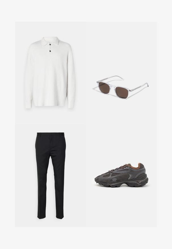 Suéter branco com um tecido texturado e suave. Apresenta um colarinho clássico, uma pala com três botões e mangas longas. Design simples, sem padrões.; Calças pretas sob medida com um corte reto, feitas de um tecido suave. Apresentam passadores de cinto e um detalhe de pregas na parte da frente.; Ténis Lacoste em cinza-escuro com material em malha e sintético, apresentando uma sola texturizada e detalhes castanhos na gola e na marca.; Óculos de sol transparentes com lentes retangulares castanhas, apresentando hastes finas e transparentes e detalhes em metal nas laterais.