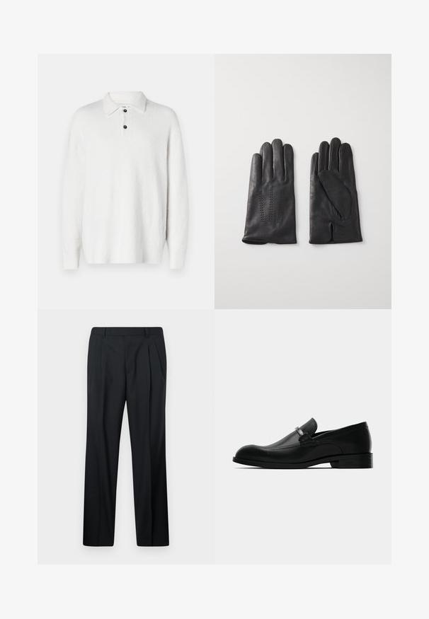 Maglione bianco realizzato in un tessuto morbido e testurizzato. Presenta un colletto classico, un'apertura con tre bottoni e maniche lunghe. Design semplice, senza motivi.; Pantaloni neri eleganti con pieghe, realizzati in tessuto liscio. Presentano una vestibilità dritta, cintura con passanti e senza tasche. Design semplice.; Mocassino da uomo in pelle nera con dettaglio in metallo, tacco basso e suola con marchio, mostrato di lato su uno sfondo bianco.; Guanti in pelle nera con cinque dita, caratterizzati da cuciture decorative. L'interno ha un rivestimento morbido e un design con l'indice aperto.