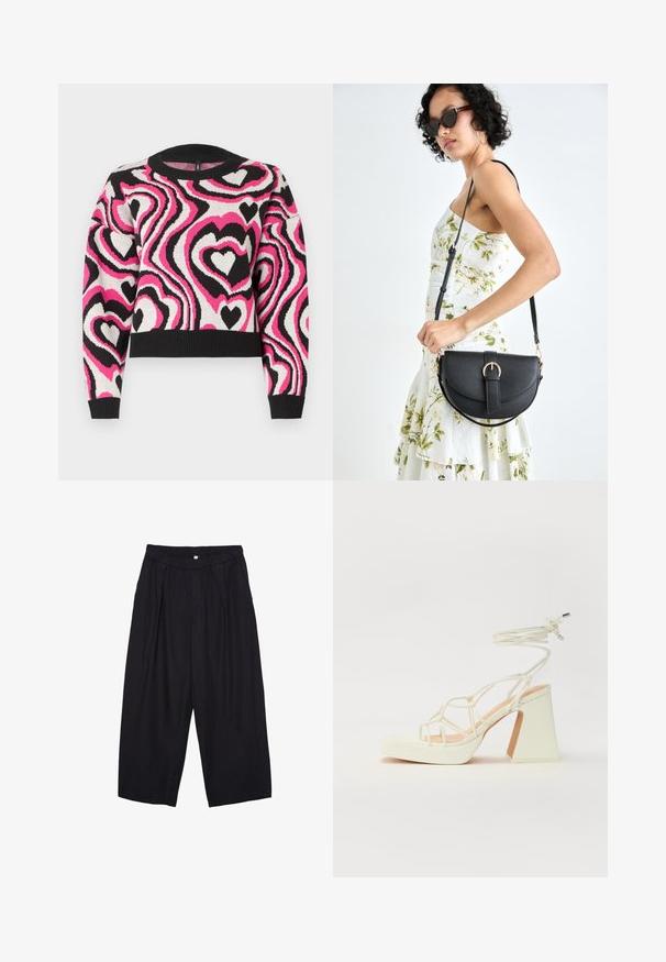 Strickpullover mit einem welligen Muster aus pinken, weißen und schwarzen Herzen. Gerippter Halsausschnitt und Ärmelsaum; kurzes Design. Weiche Textur.; Schwarze Polyester-Culotte mit einem elastischen Bund, zwei vorderen Falten und einer lockeren Silhouette. Keine sichtbaren Muster oder Hardware-Details.; Weiße High-Heel-Sandale mit einem klobigen Absatz, die über ein Riemchendesign und ein Knöchelband verfügt. Glatte Textur mit einer Plattform vorne für zusätzliche Höhe.; Schwarze Lederhandtasche mit geschwungener Form, abnehmbarem Tragegurt und goldenen Beschlägen. Die Tasche verfügt über einen Deckel mit einer Schnallen-Details.