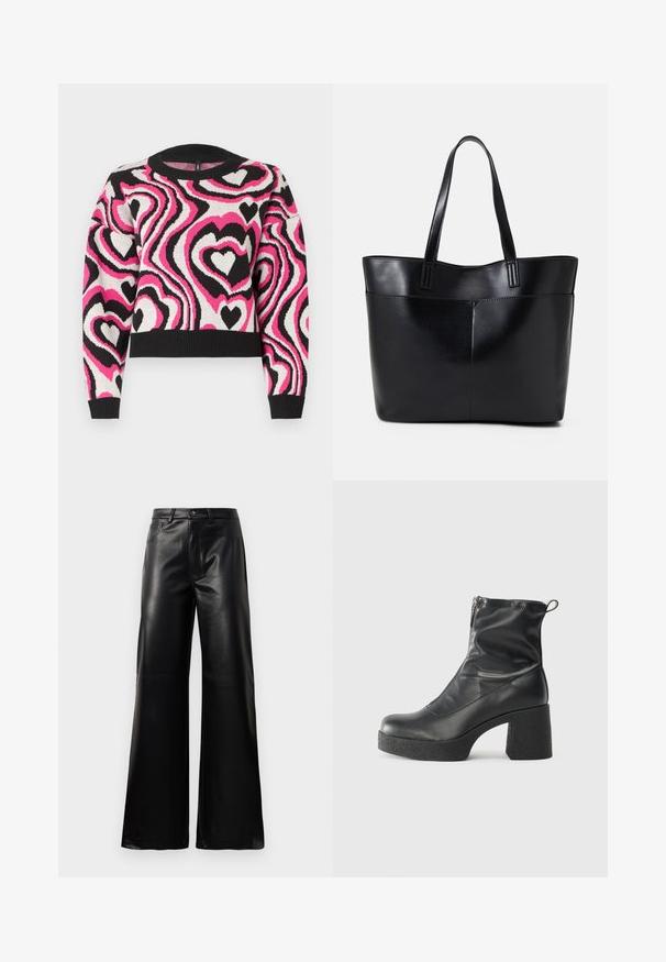 Knit sweater featuring a wavy pattern of pink, white, and black hearts. Ribbed neckline and cuffs; cropped design. Soft texture.; Black high-waist wide-leg faux leather pants with front button, zip closure, belt loops, and side pockets on white background.; Black ankle boots made of smooth leather, featuring a side zipper, chunky textured heel, and rounded toe design.; Black leather tote bag with two long handles, a smooth texture, and a structured shape. Features a front pocket for additional storage.