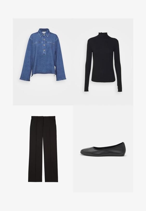 Denimová košela v tmavomodrej farbe s dlhými rukávmi, golierom, zapínaním na päť gombíkov a jemným vyblednutým textúrovaním. Obsahuje rozdelený bočný lem.; Čierny dlhý rukáv turtleneck top vyrobený z hladkej látky, s volánovým golierom a priliehavou siluetou s jednoduchými okrajmi.; Čierne oblekové nohavice z hladkej látky, s rovnými nohavicami a dvoma bočnými vreckami. Elegantná a minimalisticá konštrukcia.; Čierne kožené baleríny s okrúhlou špičkou, hladkým povrchom, minimálnym prešívaním a flexibilným dizajnom podrážky.