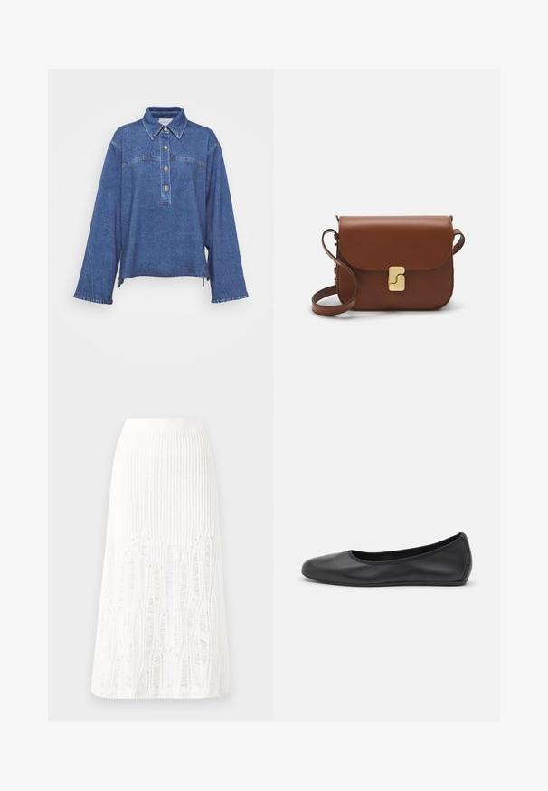 Sötétkék farmering hosszú ujjal, galléros nyakkal, öt gombos légkörrel és finoman fakó textúrával. Kétoldalt hasított alsó szegély jellemzi.; Fehér, rövid ujjú póló ribbed anyagból. Kerek nyakkivágás, normál szabás és diszkrét varrási részletek. Nincsenek minták vagy grafikák.; Fehér kötött midi szoknya, amelynek textúrája függőleges vonalakkal és kivágott részletekkel díszített az alján. Rugalmas derékpánt. Puha anyag.; Fekete bőr balettcipő lekerekített orral, sima tekstúrával, minimális varrással és rugalmas talp kialakítással.; Barna bőr kézitáska, hajtókás zárással, arany színű fém kiegészítőkkel, vállpánttal és sima felülettel. Kompakt téglalap alakú.