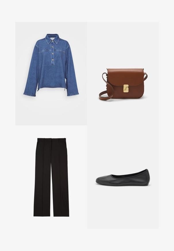 Džínová košile v tmavě modré barvě s dlouhými rukávy, límcem, pěticí knoflíků a jemně vybledlou texturou. Má rozparkové boční lemy.; Černé elegantní kalhoty na míru vyrobené z hladké látky, s rovnými nohavicemi a dvěma postranními kapsami. Elegantní a minimalistická konstrukce.; Černé kožené baletní byty s kulatou špičkou, hladkou texturou, minimálními švy a flexibilním designem podrážky.; Hnědá kožená kabelka s klopou, zlatými kovovými detaily, ramenním popruhem a hladkým povrchem. Kompaktní obdélníkový tvar.