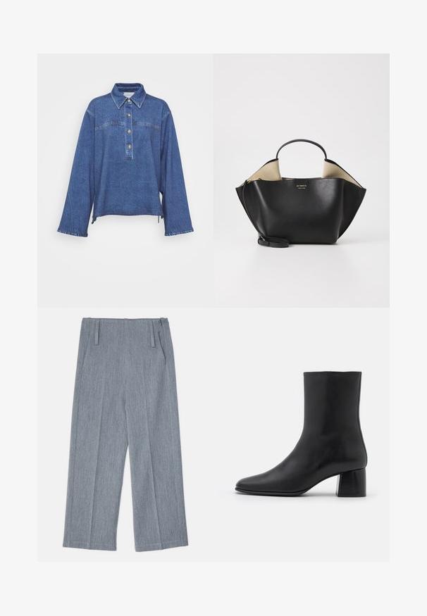 Denim overhemd in donkerblauw met lange mouwen, kraag, vijfknops sluiting en subtiele vervaagde textuur. Heeft een gespleten zijhem.; Lichtgrijze, wijde broek van textuurstof, voorzien van twee voorplooien en twee zijzakken. Strak, op maat gemaakt ontwerp.; Zwarte leren enkelboot met een spitse neus en een chunky vierkante hak. Glad oppervlak met een naadloos ontwerp en minimalistische stiksels.; Ree Projects ANN TOTE MINI - Handtas - black