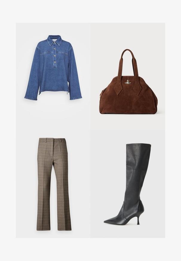 Tumši zils džinsu krekls ar garām piedurknēm, apkakli, piecu pogu aizdari un vieglu izbalējušu tekstūru. Iespējams, sānos ir šķirta apakšmala.; Brūnas četrkrāsainas bikses ar taisnu kāju griezumu, kurām ir teksturēta auduma virsma un maigi beidzamās krāsas, izceļot beigu toni un tumšākas brūnas krāsas caur modeli.; Ceļa auguma melni ādas zābaki ar smailu purngalu un šauru stiletto papēdi. Gluda tekstūra ar pieguļošu dizainu un izšuvumiem augšējā malā.; Brūns zamšādas rokassoma ar strukturētu formu, noapaļotu korpusu un pagarinātām dimanta formas rokturiem. Aprīkota ar sudraba krāsas aizdari.