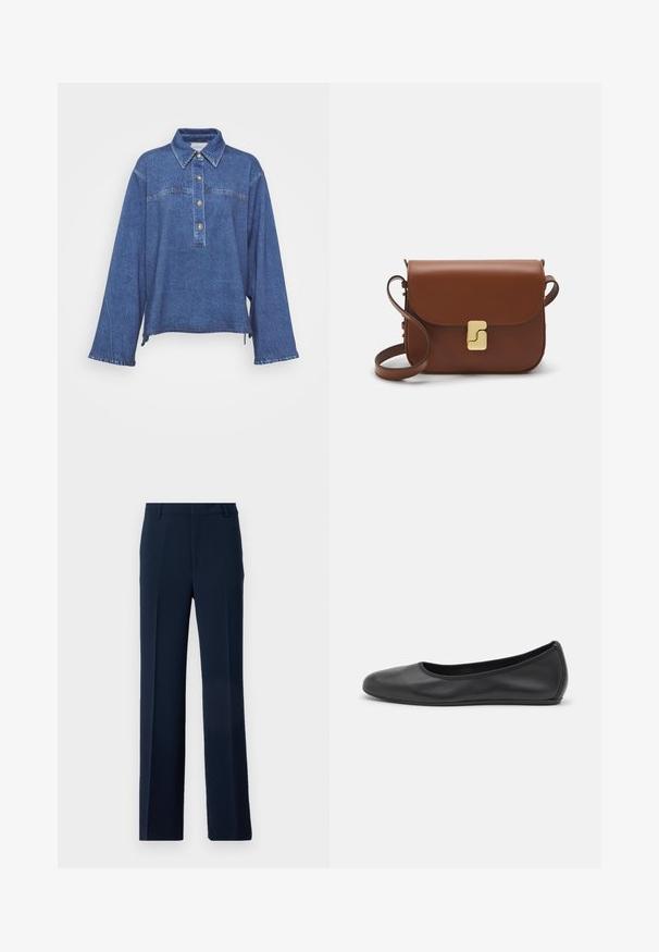 Tamna plava traper košulja dugih rukava, s ovratnikom, s pet dugmadi i suptilnom izblijedjelom teksturom. Ima razdijeljeni bočni rub.; Tamno plave hlače od glatkog materijala, s pravim nogavicama, prednjim plisiranim detaljima i bočnim džepovima za elegantan izgled.; Crne kožne baletanke s zaobljenim vrhom, glatke teksture, minimalnim detaljima šavova i fleksibilnim dizajnom potplata.; Smeđa kožna torba s preklopom, zlatnim detaljima, remenom za nošenje preko ramena i glatkom teksturom. Kompaktni pravokutni oblik.