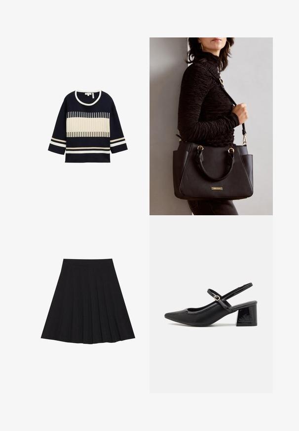 Navy blue pullover with white horizontal stripes and a cream band in the center. Features a round neckline and three-quarter sleeves.; Black pleated skirt made of textured fabric with a fitted waistband. Falls to knee length, featuring a smooth, clean silhouette.; Black patent leather slingback heels with a pointed toe, a rounded cutout design, and a block heel. Features a gold-tone buckle accent.; Black handbag with textured surface, dual top handles, and adjustable shoulder strap. Features gold-tone hardware and side pockets.