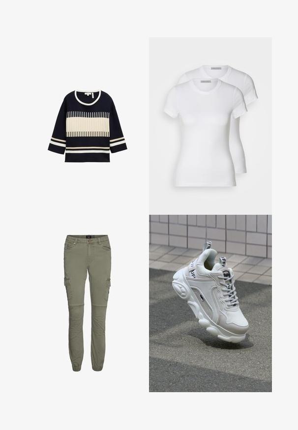 Pull navy bleu avec des rayures horizontales blanches et une bande crème au centre. Il a un col rond et des manches trois-quarts.; Deux t-shirts en coton blanc à manches courtes, à encolure ronde et à coupe ajustée, présentant une texture lisse et un design minimaliste.; Pantalons cargo vert olive en mélange de coton durable avec des poignets fuselés, plusieurs poches et des plis au niveau des genoux pour plus de mobilité.; Sneaker blanc en matériaux mesh et cuir, bout arrondi, semelle épaisse, lacets proéminents et marqué au talon et sur la languette.