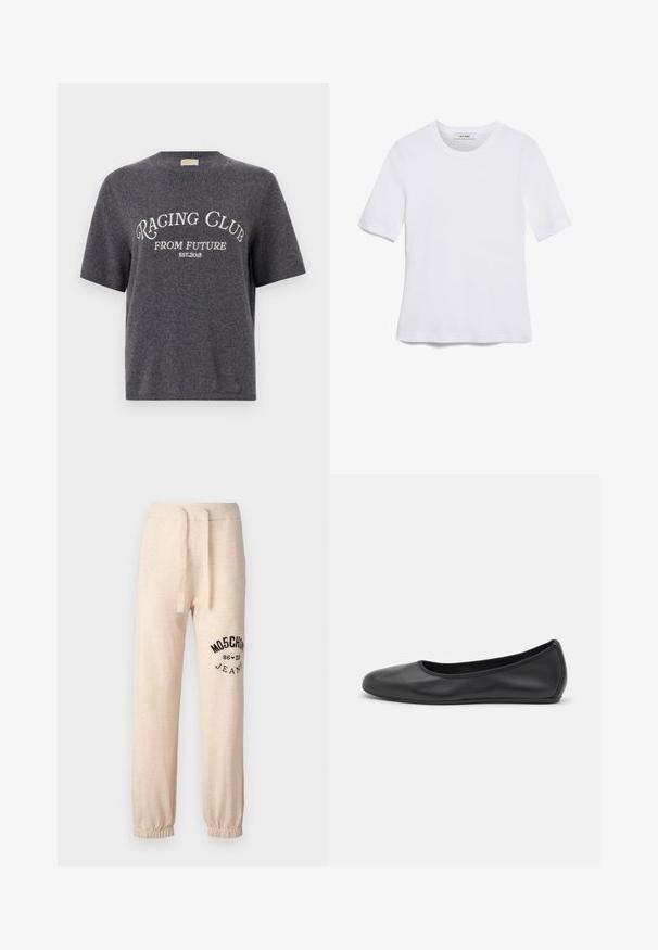Gray short-sleeve sweater made of soft material, featuring "RACING CLUB FROM FUTURE EST.2018" in white graphic text across the front.; White short-sleeve t-shirt made of ribbed fabric. Round neckline, regular fit, and subtle stitching details. No patterns or graphics.; Beige sweatpants with elastic cuffs and waistband. Features a black printed logo "MOSCHINO 86 ❤ 23 JEANS" on the left thigh. Soft texture.; Black leather ballet flat with a rounded toe, smooth texture, minimal stitching detail, and a flexible sole design.