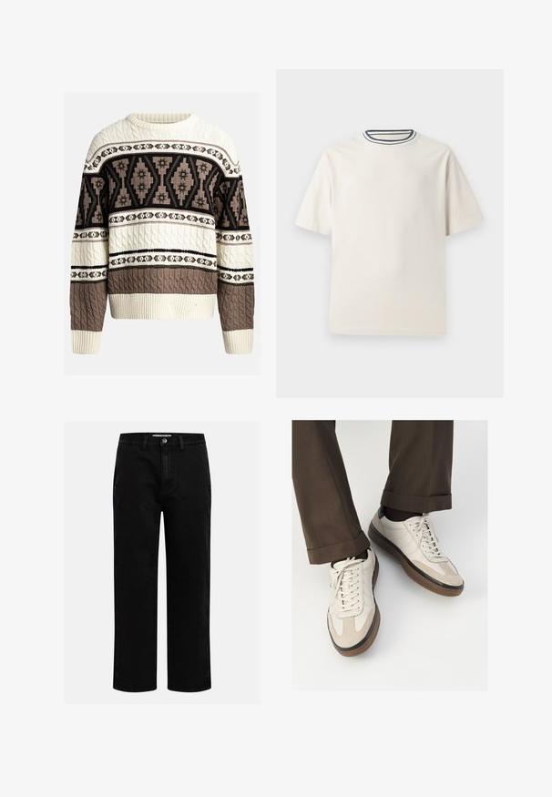 Suéter de punto trenzado en crema y marrón con patrones geométricos y florales en el pecho y las mangas, con puños y dobladillo acanalados.; Camiseta de algodón color crema con mangas cortas, que presenta un escote redondo acentuado por franjas en navy y blanco. Textura suave, corte relajado.; Pantalones de mezclilla negros con corte recto, diseño clásico de cinco bolsillos y cierre de botón en la cintura. Textura suave y tela duradera.; Zapatillas beige con un frente de ante texturizado, lados de cuero liso y suela de goma marrón. Incluyen cordones y un detalle de costura ligera.