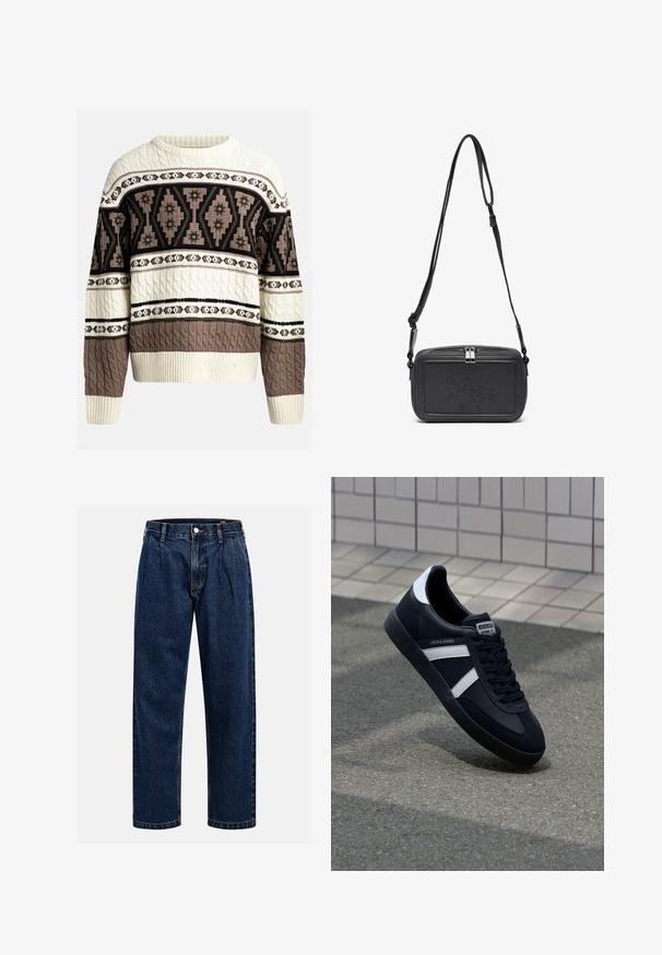 Pull en maille torsadée crème et marron avec des motifs géométriques et floraux sur la poitrine et les manches, avec des poignets et un ourlet côtelés.; T-shirt en coton crème à manches courtes et col rond. Présente un imprimé graphique en bleu et rouge avec du texte et un motif.; Jean en denim bleu foncé avec une coupe droite. Présente des coutures visibles, une fermeture par bouton et des plis à l'avant pour un détail supplémentaire.; Sneaker en cuir noir avec des rayures blanches, semelle en caoutchouc texturée et devant à lacets. Présente une étiquette de marque sur la languette.; Sac bandoulière en cuir noir avec une fermeture éclair, logo embossé à l'avant et une sangle réglable. Texture lisse avec une forme rectangulaire.