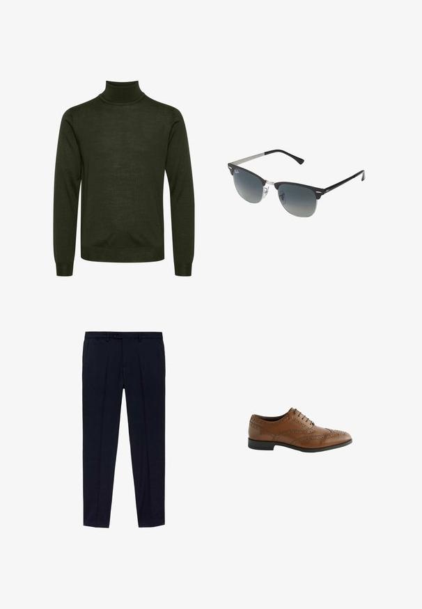 Maglione a maniche lunghe verde scuro con collo alto, bordi a costine e vita a costine, caratterizzato da una texture a maglia liscia.; Pacchetto di tre t-shirt: una nera e due bianche. Ognuna ha un colletto rotondo, maniche corte ed è realizzata in morbido cotone.; Pantaloni blu navy con design a vita piatta, realizzati in tessuto morbido. I dettagli includono due tasche laterali e una chiusura con zip e bottone.; Scarpa da dress in pelle marrone con dettagli di broguing intricati, punta rotonda e tacco piatto. Presenta cinque occhielli per i lacci e una superficie liscia.; Occhiali da sole neri e argento con forma a occhio di gatto, lenti sfumate e dettagli metallici sulla montatura. Aste in plastica con punte grigie.