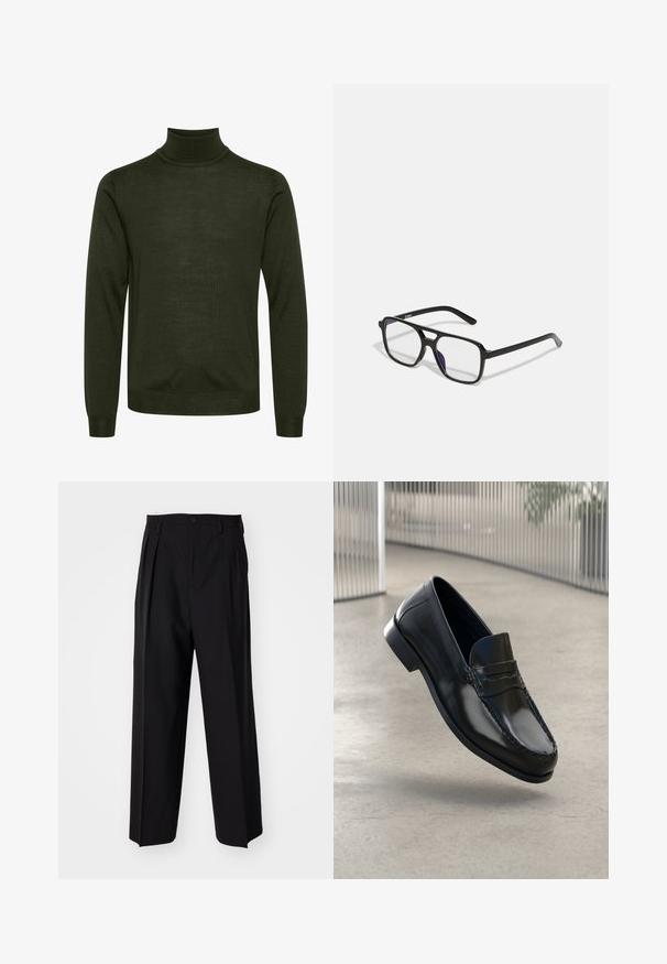 Tumši zaļš garo piedurkņu turtlenecks džemperis ar ribotām aprocēm un jostasvietu, ar gludu adījuma tekstūru.; Melnas plisētās bikses ar taisnu, plata kāja dizainu. Izgatavotas no gludas auduma, ar pogu aizdari un jostas cilpiņām.; Melni ādas loaferi ar gludu virsmu, apaļu purngalu, dekoratīvām šuvēm un nedaudz paceltu zolīti.; Melnas taisnstūra brilles ar caurspīdīgiem stikliem un smalku purpura tonējumu, ar gludām kājiņām un minimālistisku dizainu.