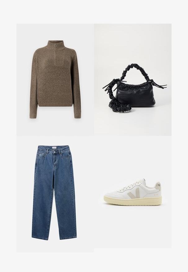 Brun ribbad stickad tröja med hög krage och en framdragkedja med ett cirkulärt draghandtag. Långärmad och med avslappnad passform.; Klassiska blå denimjeans med rak benform, fem fickor och knäppning. Har en medelblå tvättning och stadig textur.; Vita lädersneakers med beige mockadetaljer, perforerad tåbox, platta snören och en texturerad krämfärgad sula. Har diskret varumärkning på hälen.; Svart faux läderhandväska med krokodiltextur, snodd topp och en skrämd rem. Ser mjuk och kompakt ut i designen.