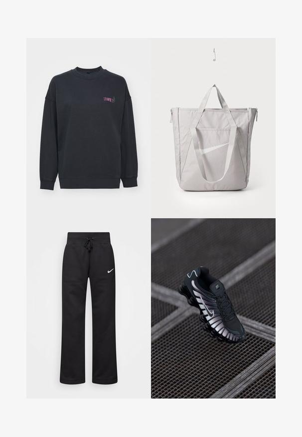Felpa nera con collo a giro, maniche lunghe e polsini a coste. Presenta un piccolo logo multicolore "ROXY" sul petto. Texture morbida.; Top cropped nero a maniche lunghe in tessuto ribbed, con ampia scollatura a girocollo e silhouette aderente, con un sottile accento del logo del marchio.; Pantaloni sportivi neri realizzati in misto cotone, con vita elasticizzata regolabile, gambe dritte e logo bianco Nike sul lato sinistro.; Scarpa sportiva nera con parte superiore in mesh testurizzato, dettagli argento, supporto per l'arco e suola imbottita con un design segmentato distintivo.; Borsa tote grigia con manici rinforzati, tasca frontale con zip e logo Swoosh bianco di Nike. Realizzata in tessuto resistente con una texture liscia.
