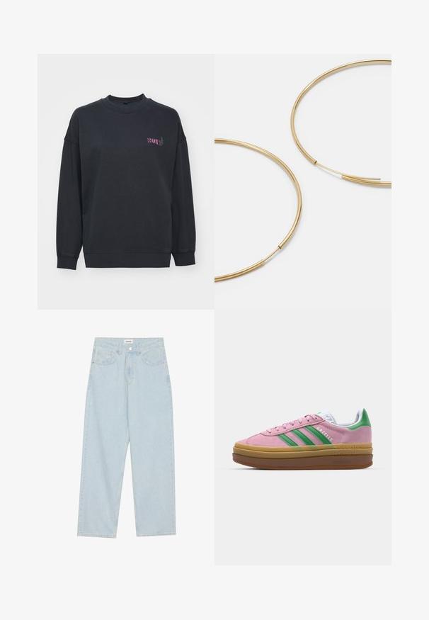 Černá mikina s kulatým výstřihem, dlouhými rukávy a žebrovanými manžetami. Na hrudi malá vícerozměrná „ROXY“ logo. Měkká textura.; Světle modré široké džíny z denimu, s mid-rise pasem, pěti kapsami a knoflíkovým zapínáním s úzkým kovovým akcentem.; Růžové semišové tenisky se zelenými pruhy, bílými akcenty a hnědou gumovou podrážkou. Mají strukturovanou tkaninu a detail s logem na boku.; Zlaté kruhové náušnice, tenké a kulaté, s hladkým kovovým povrchem a bez zdobení či vzorů.