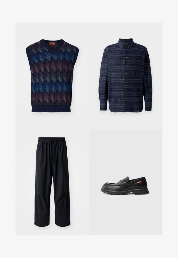 Ujjatlan kötött mellény, amely kék, piros és tengerészkék árnyalatokban zigzag mintával készült. V-nyakú kialakítás, textúrázott szegéllyel és szegésekkel.; Tengerészkék, zigzag mintás, gombos ing hosszú ujjal, klasszikus gallérral, a gombok az elejéig végigfutnak. Texturált szövetfelület.; Henrik Vibskov DRAWSTRING PANTS - Nadrágok - tropical black; Fekete bőr loaferek lekerekített orral, alacsony sarokkal és vastag, texturált gumitalppal. Tűzött díszítéssel és egy kis logóval az oldalon.