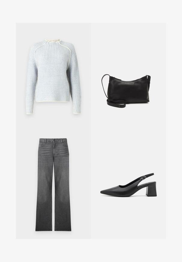 JJXX JXMAGHNA - Πουλόβερ - skyway; Γκρι τζιν με φαρδιά γραμμή και μεσαία πλύση, με πέντε τσέπες, κλείσιμο μπροστά με κουμπί και διακριτές ραφές.; Μαύρο δερμάτινο παπούτσι slingback με τακούνι, με μυτερή μύτη και χοντρό μπλοκ τακούνι. Διαθέτει ρυθμιζόμενο λουράκι με μεταλλική τόκα.; Μαύρη δερμάτινη τσάντα ώμου με λεία υφή, καμπύλο σχήμα, ρυθμιζόμενο λουρί και κλείσιμο με φερμουάρ. Μινιμαλιστικός σχεδιασμός χωρίς διακοσμητικά στοιχεία.