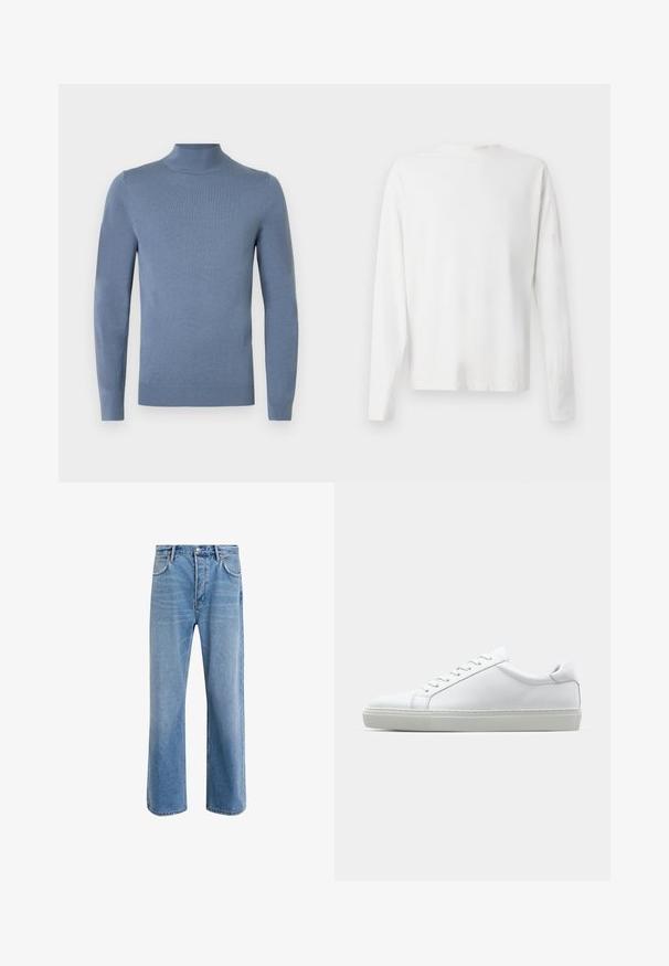 Hellblauer Rollkragenpullover aus Strickstoff, mit langen Ärmeln, geripptem Kragen und Saum. Schlichtes Design ohne sichtbare Muster.; Langärmliges weißes Baumwollhemd mit rundem Ausschnitt, seitlichen Schlitzen am unteren Rand und glatter Textur, von hinten präsentiert.; Helle blaue Jeans im Geradeschnitt-Design, mit fünf Taschen, Knopfverschluss, minimaler Ausbleichung und kontrastierenden Nähdetails.; Weißer Sneaker mit glattem Lederobermaterial und niedrigem Profil. Verfügt über eine runde Zehenpartie, sechs Ösen und eine strukturierte Gummisohle.