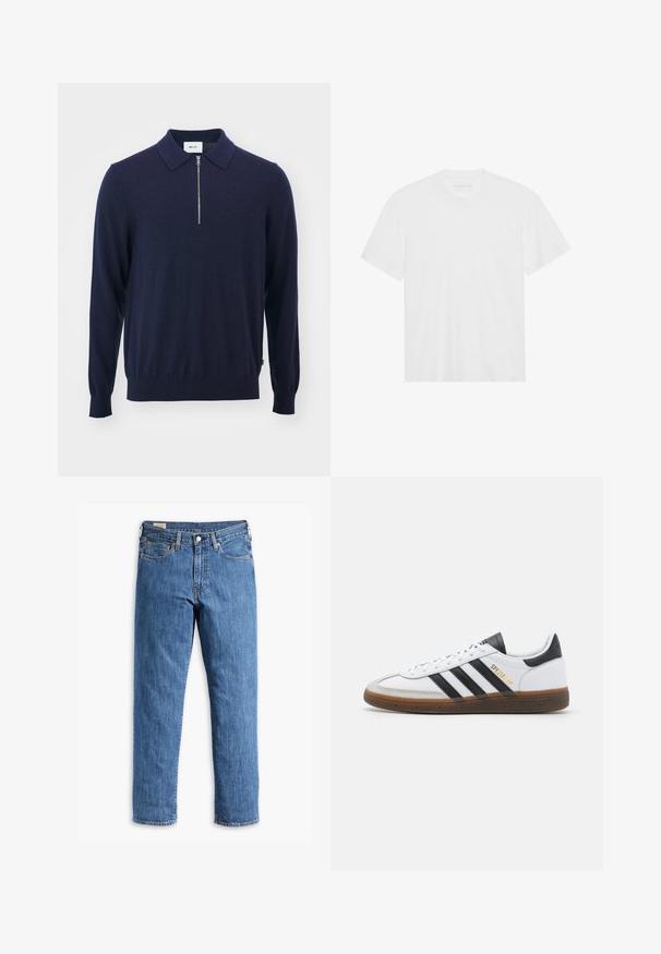 Mørkeblå strikket genser med krage-design, har halv-zip lukking og ribbestrikkede mansjetter, laget av mykt og glatt materiale.; Hvit bomulls t-skjorte med korte ermer, rund hals og rett nederkant. Glatt tekstur, minimalistisk design uten mønstre eller detaljer.; Blå denimjeans med rett benklipp, kobbernitter og fem-lommers design. Har en sydd avslutning og en klassisk midje med beltehemper.; Hvit lær sneaker med svarte semsket detaljer, tre svarte striper, beige gummisåle og gull "SPEZIAL" merkingen på siden.