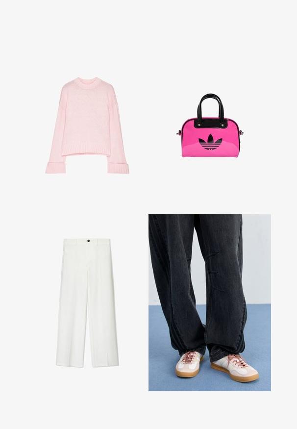 Hellrosa, verkürzter Pullover mit Rundhalsausschnitt, gerippten Bündchen und weicher Textur. Hergestellt aus leichtem Strickmaterial.; Weiße, weite Hosen mit glatter Textur, ausgestattet mit einem vorderen Knopfverschluss und Gürtelschlaufen, gefertigt für eine lockere Passform.; Schwarzeweite Jeans mit Frontnähten, kombiniert mit weißen und blassrosa Sneakern mit Gummisohle und rosa Schnürsenkeln.; Rosa patentierte Handtasche mit schwarzem Logo und Griffen, die eine runde Form und einen Reißverschlussverschluss aufweist. Die glänzende Textur verbessert die Sichtbarkeit.
