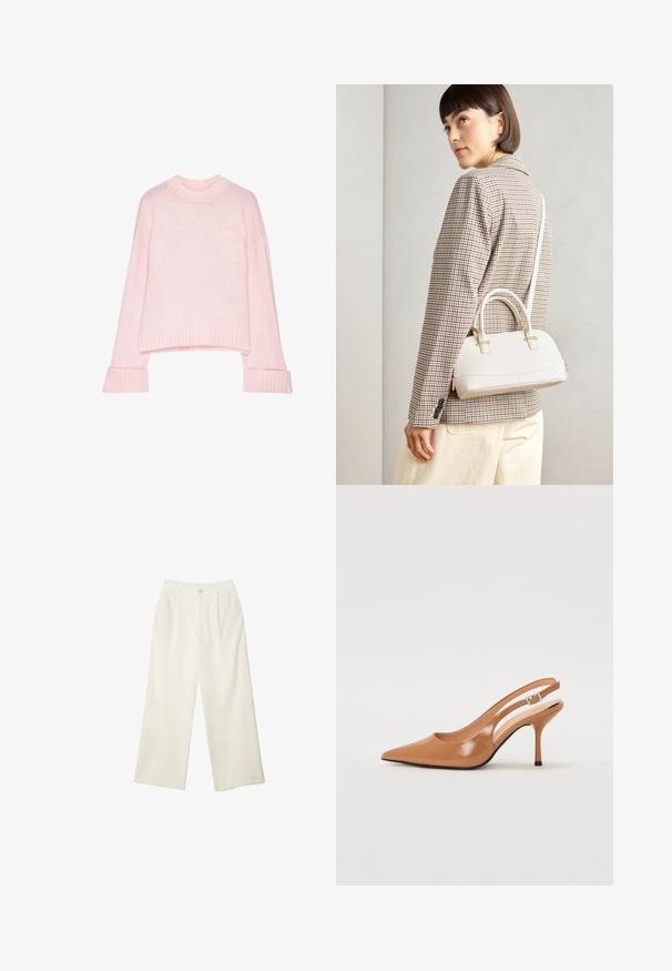 Ljusrosa kortärmad tröja med rund halsringning, ribbade ärmslut och mjuk textur. Tillverkad av ett lätt stickat material.; Breda byxor i krämfärgad tyg med en mjuk yta, med en enda knapp fram, subtila veck och en hög midja design.; Tåspets slingback-häl i ett slätt, glansigt brunt material. Har en kurvad utskärning och en smal stilettklack. Silverdetalj med spänne.; Vitt strukturerat handväska med korta handtag och en axelrem, med gyllene detaljer och texturerat material, visad mot en grå bakgrund.