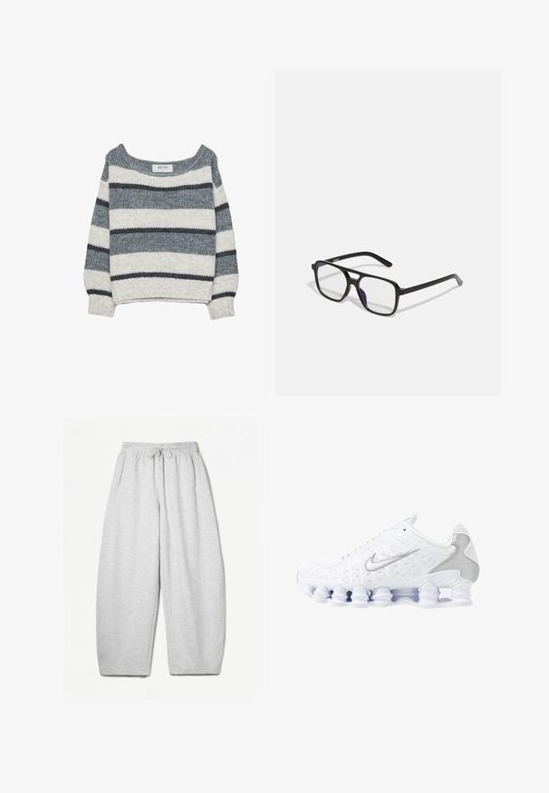 Knitted sweater with a loose fit featuring horizontal gray and white stripes. Soft texture, wide neckline, and ribbed cuffs.; Light grey sweatpants with a relaxed fit, elastic waistband, drawstring, and side pockets; made from soft, textured fabric.; White athletic shoes with mesh upper, silver accents, and a unique coil sole design. Features padded collar and lace closure for fit.; Black rectangular glasses with clear lenses and a subtle purple tint, featuring sleek arms and a minimalist design.