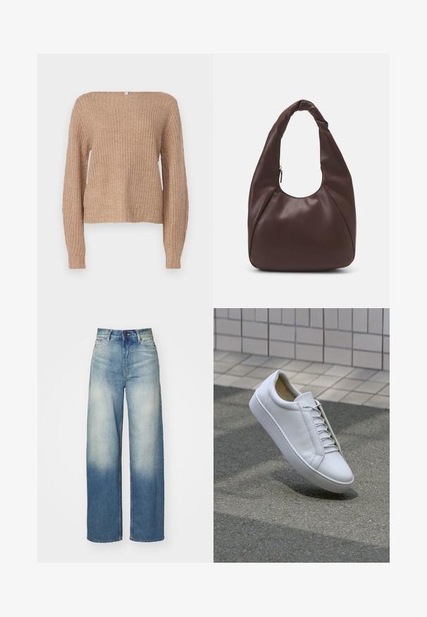 ONLY ONLFILIZ BOAT NECK - Svetrík - mocha meringue; Svetlomodré džínsy s širokými nohavicami a vysokým pásom, vyrobené z denimu, so starým gradientom, piatimi vreckami a kovovými doplnkami.; Biele kožené tenisky s guľatou špičkou, plochou podrážkou a šiestimi pármi dierok na šnúrky. Hladká textúra a minimalistický dizajn so švovými detailmi.; Hnedá kožená hobo taška s zakriveným ramenným popruhom, mäkkou textúrou a bočnou kapsou na zips pre väčšiu funkčnosť.