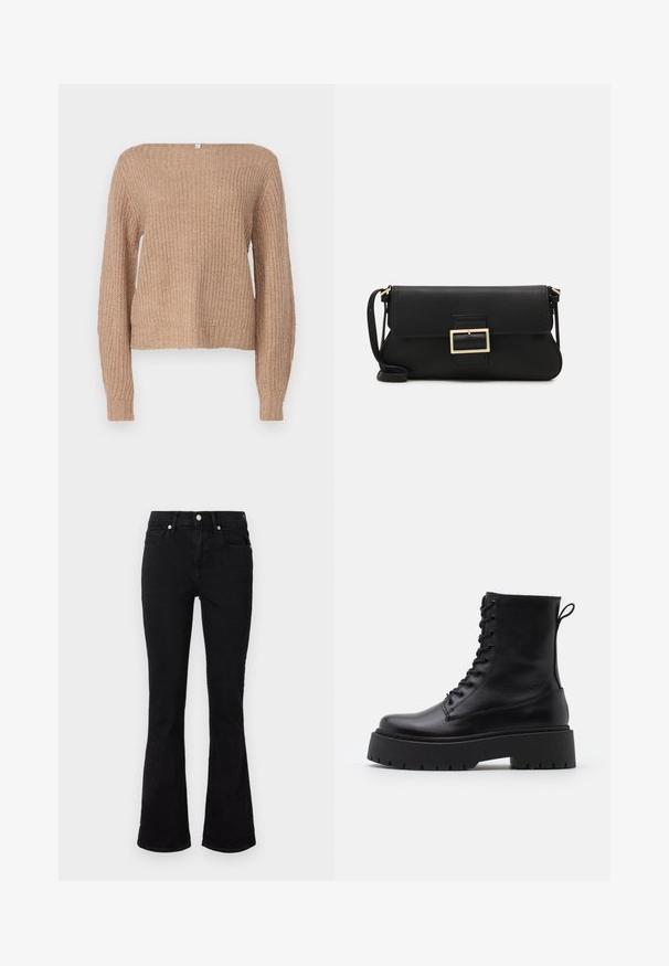 ONLY ONLFILIZ BOAT NECK - Džemper - mocha meringue; Mustad flared teksasaapad, millel on keskmise tõusuga vöökoht, eesmine taskud ja nupplikuga kinnistus. Sile tekstuur minimaalse õmbluste detailidega.; Mustad mustad nahast pahkluu saapad ümarate varvastega, nööridega esiosas ja paksu kummist talla ning tekstuuritud mustriga. Tagumine tõmbeaas.; Must haben musta nahkklahviga kott, millel on klapp ja kuldne metallist pandla detail. Kaasas must rihm ja stiilne, minimalistlik disain.; Kulla värvi nõelad, õhukesed ja ümmargused, millel on sile metallist pind ja ilma kaunistuste või mustriteta.