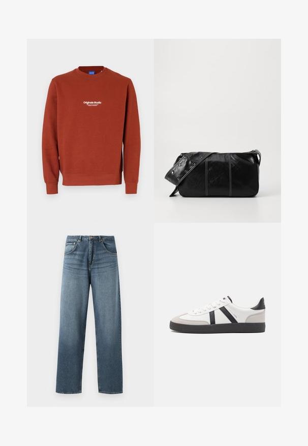 Skarpetka w kolorze rdzy wykonana z miękkiego materiału. Ma okrągły dekolt i długie rękawy. Biały napis z przodu głosi "Originals Studio."; Proste niebieskie dżinsy o wypłukanym kolorze, z pięcioma kieszeniami, metalowym guzikiem i szlufkami na pasek. Strukturalny, średniej gramatury materiał.; Białe sneakersy z czarnymi i szarymi akcentami, z teksturowanym szarym czubkiem, czarną gumową podeszwą i płaskimi białymi sznurowadłami. Czysty design, minimalistyczny styl.; Czarna skórzana torba na ramię z zamkiem błyskawicznym, charakteryzująca się teksturowanym korpusem, białymi przeszyciami oraz paskiem z srebrnymi osłonkami.