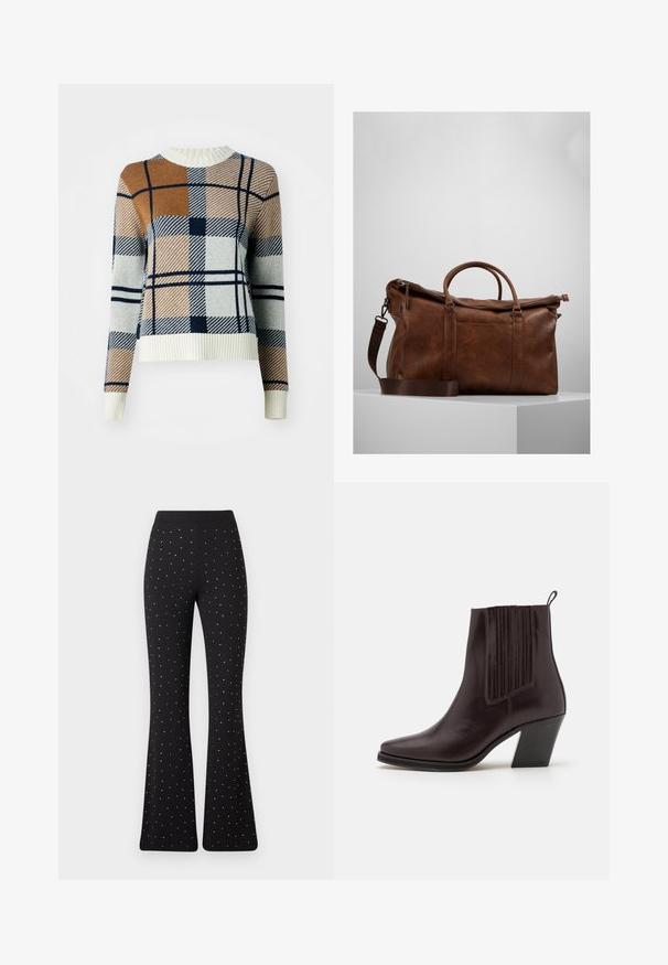 Barbour Svetr - multi; Černé kalhoty s rozšířenými nohavicemi s rovnoměrně rozloženými malými bílými puntíky a jednoduchým pasem na bílém pozadí.; Tmavě hnědé kožené kotníkové boty s špičatou špičkou, s vertikálním žebrovaným detailem po straně a středně vysokým blokovým podpatkem.; Hnědá kožená cestovní taška s uzávěrem na zip, dvojitými uchy, nastavitelným ramenním popruhem a viditelnými textura vzory na povrchu.; Stříbrný kruhový náušník s vertikálním zavěšením, který zdobí jediná bílá perla. Design je elegantní, s hladkým a lesklým povrchem.