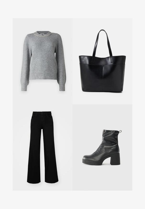 Pilkas megztinis su ilgomis rankovėmis, raukšlių tekstūra ir apvaliu kaklu, puoštas sidabriniais akcentais.; Juodos plačios kelnės iš denimo, turinčios struktūruotą juosmenį, diržo kilpas ir priekines kišenes. Lygus paviršius su klasikinio dizaino elementais.; Juodos kulkšninių botai, pagaminti iš lygaus odos, su šoniniu užtrauktuku, masyviu tekstūruotu kulnu ir apvaliu pirštu.; Juoda odinė rankinė su dviem ilgais diržais, lygiu paviršiumi ir struktūrizuota forma. Yra priekinė kišenė papildomam saugojimui.