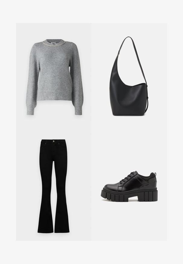 Sivkasti pleteni pulover z dolgimi rokavi, rebraste teksture in okroglo ovratnikom, okrašen s srebrnimi okrasnimi elementi.; Črne visokotopne kavbojke z gumbom in zadrgo, sprednjimi žepi in razširjenimi hlačnicami, poleg bel background.; Črne usnjene platforme z debelim blokastim petam, okroglo konico in klasičnim vezanjem. Imajo gladko teksturo in minimalne podrobnosti.; Črna usnjena hobo torba z gladko teksturo, ukrivljeno obliko in eno nastavljivo naramnico; ima širok odprtina na vrhu.