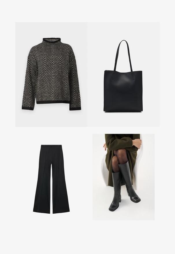 Selected Femme SLFLULU HERRINGBONE HIGH NECK - Stickad tröja - black/birch; Svarta vida byxor med en slät textur, med framfickor och skräddarsydd design. Tyget är lätt och flödande.; Knähöga svarta läderstövlar med fyrkantig tå och klack i blockmodell, visade med en modell sittande i en olivgrön kappa. Slät textur, minimal detaljering.; Svart lädertoffelväska med slät textur, rektangulär form och två långa handtag. Ingen synlig hårdvara eller dekorationer.