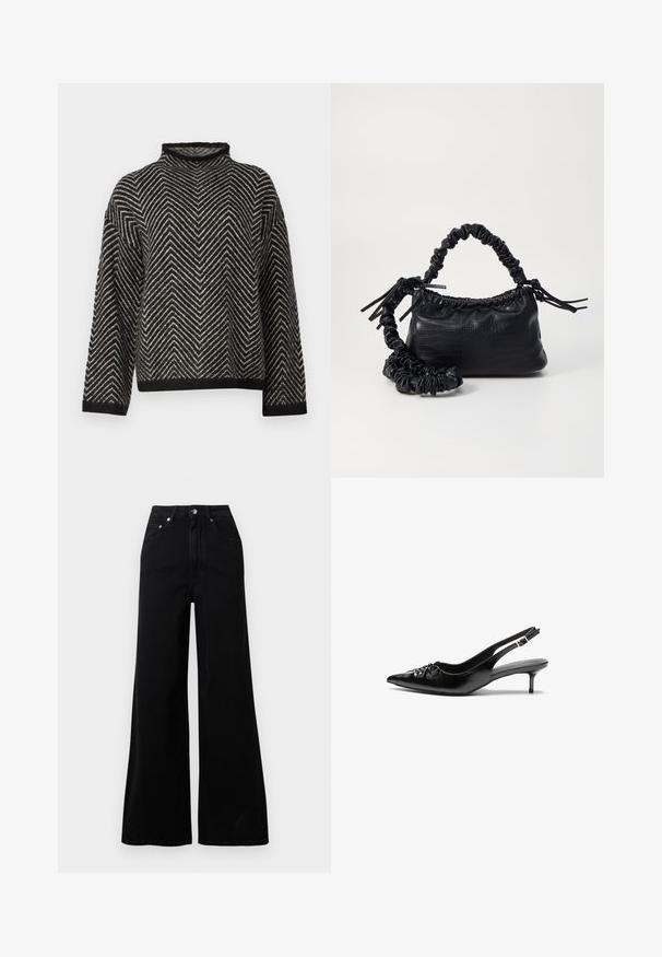 Selected Femme SLFLULU HERRINGBONE HIGH NECK - Pullover - black/birch; Jeans larges noirs en denim, avec une taille haute, cinq poches, une fermeture à boutons sur le devant, et des détails de couture minimaux.; Escarpins slingback en cuir noir avec bout pointu, petit talon kitten et détail froncé sur le cou-de-pied. Texture lisse et design minimaliste.; Sac à main en simili cuir noir avec une texture crocodile, un dessus resserré et une sangle froncée. A l'apparence douce et compacte.