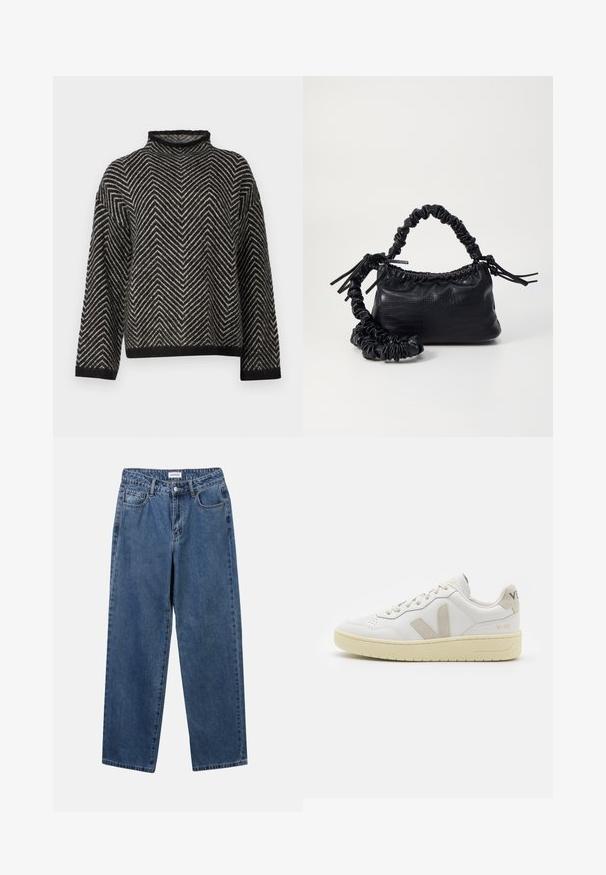 Selected Femme SLFLULU HERRINGBONE HIGH NECK - Pulóver - black/birch; Klasszikus kék farmernadrág egyenes szárú dizájnal, öt zsebbel és gombos zárással. Közepes mosású és strapabíró textúrával rendelkezik.; Fehér bőr sneaker bézs velúr részletekkel, perforált orr résszel, lapos fűzőkkel és textúrált krémszínű talppal. Finom márkajelzés található a sarkán.; Fekete műbőr kézi táska krokodil bőr textúrával, összehúzható tetejű és gyűrt pánttal. Lágy és kompakt dizájnúnak tűnik.