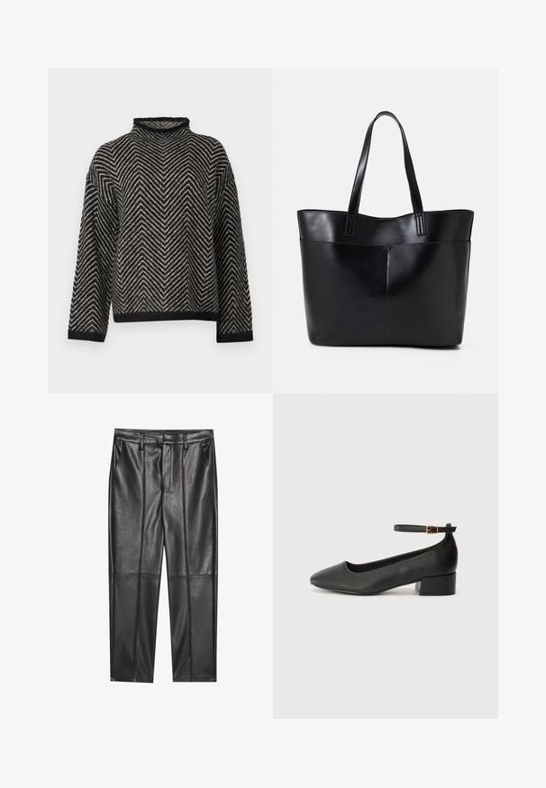 Selected Femme SLFLULU HERRINGBONE HIGH NECK - Pullover - black/birch; Pantalons en cuir noir avec une texture lisse, présentant une coupe droite, deux poches avant et des coutures visibles.; Escarpin en cuir noir avec un bout pointu et un petit talon bloc. Doté d'une bride de cheville avec une boucle dorée. Texture lisse.; Sac fourre-tout en cuir noir avec deux longues poignées, une texture lisse et une forme structurée. Dispose d'une poche avant pour un rangement supplémentaire.