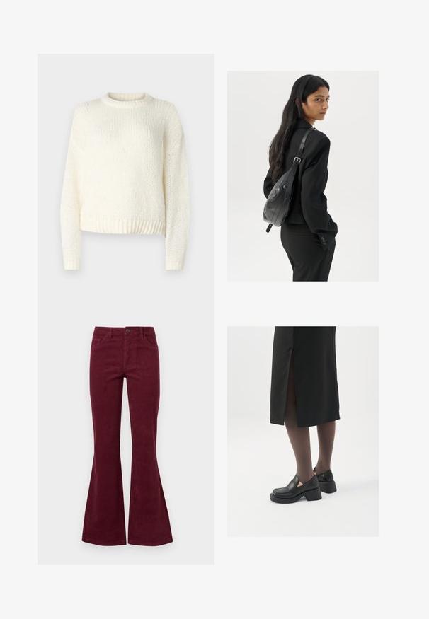 Lightweight, knitted cream sweater with long sleeves, a round neckline, and ribbed hem. Textured fabric with a loose, relaxed fit.; Burgundy corduroy flared jeans with five pockets, a front button closure, and textured fabric. Flares extend from knee to hem.; Black leather shoes with a rounded toe, thick block heel, and elastic side accents, paired with dark tights and a black skirt with a slit.; Woman with long dark hair wearing a black suit, carrying a black leather shoulder bag, looking over her shoulder against a white background.