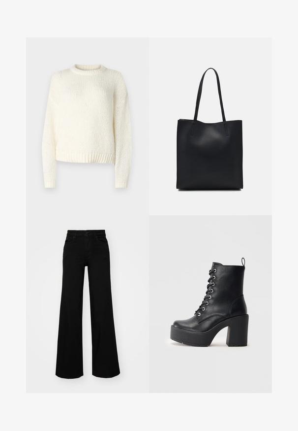 Lett, strikket kremfarget genser med lange ermer, rund hals og ribbestrikket kant. Strukturert stoff med en løs, avslappet passform.; Svart vide bukser laget av denim, med en strukturert midjebånd, beltestropper og frontlommer. Glatt tekstur med et klassisk design.; Sorte læder ankelstøvle med en kraftig blokhæl, snøre foran og tekstureret overflade. Har en flap på bagsiden for nem påtagning.; Svart lær tote bag med glatt tekstur, rektangulær form og to lange håndtak. Ingen synlige deler eller dekorasjoner.