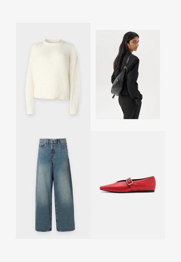 Kerge, kudumiskreemiline sviiter pikkade varrukatega, ümmarguse kaelusega ja ribatud äärtega. Tekstureeritud kangas, lahtise ja mugava lõikega.; Kergelt sinised laiade säärte teksad. Sisaldab lukuga fronti, millel on nööbiga kinnitus, ja õrna pleekimist, et saavutada kulunud välimus.; Punane nahast lameda tallaga king, millel on terav nina, külje peal rihm metallklambriga ja madal must konts. Ühtlane sile tekstuur.; Pikkade tumehaired naine mustas ülikonnas, kandes musta nahast õlakotti, vaatab üle õla valge tausta taustal.